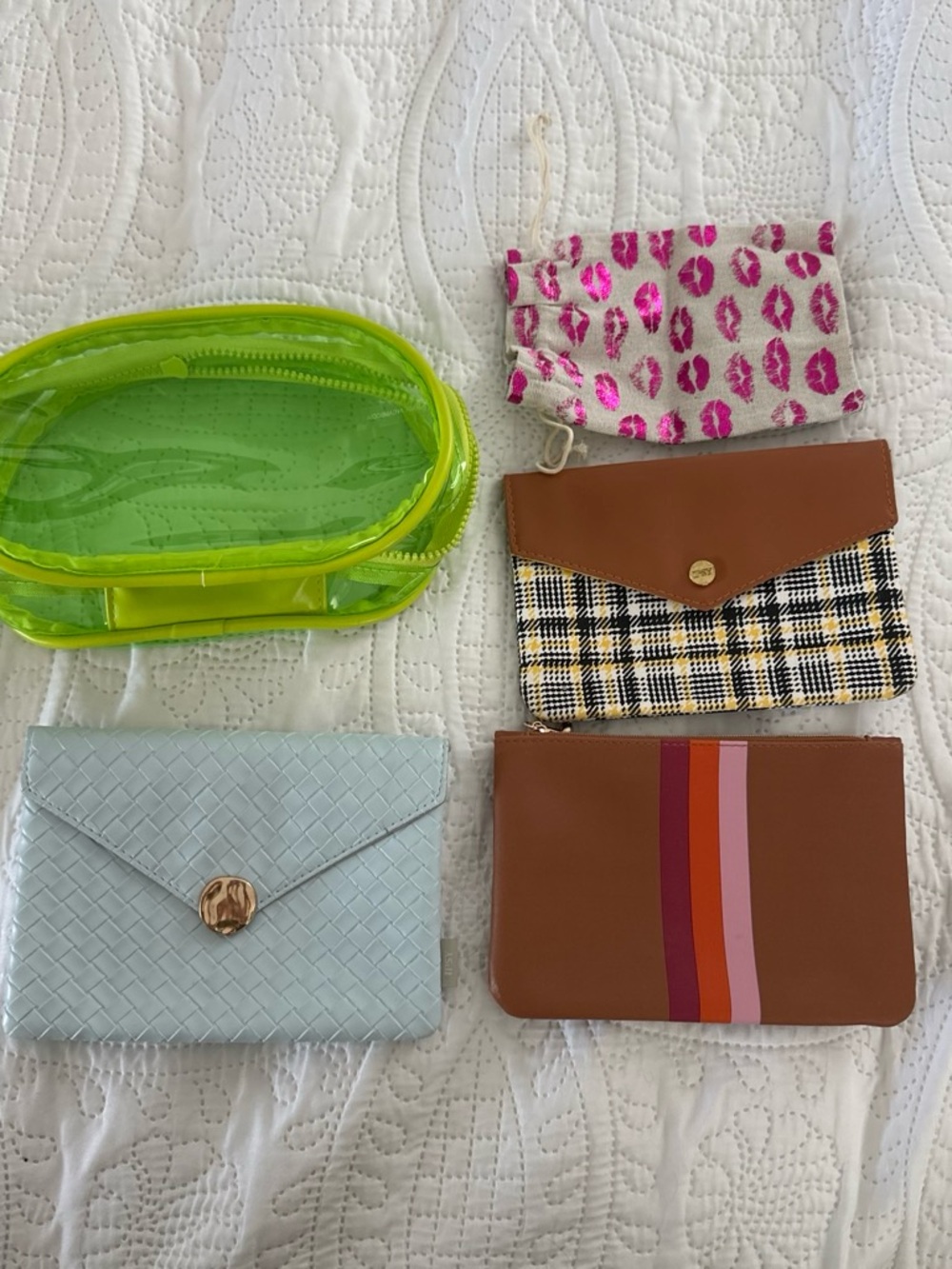 ipsy Cosmetic Pouch Bundle - Neon Green, Pink, Brown, Light Blue, Plaid